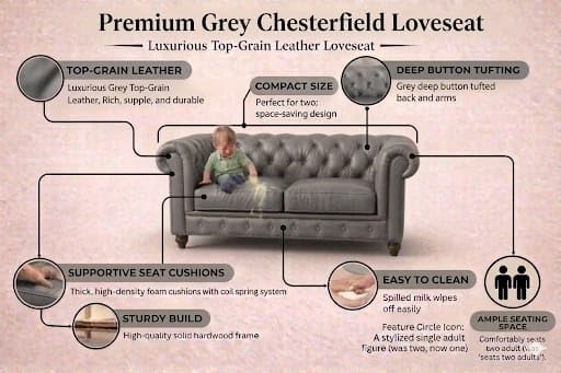 Image of Modern Classic Design Leatherette Luxury Chester Sofa Set with Button Tufted, Sofa for Living Room Home, Office and Lobby (Grey, 2 Seater Sofa)