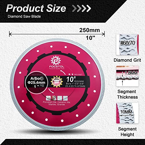 FOCSTOL Diamond Tile Saw Blade - 250mm Cutting Disc for Porcelain Ceramic Tile Marble Granite Quartz Arbor 25.4mm x 20mm x 15.875mm - Image 2