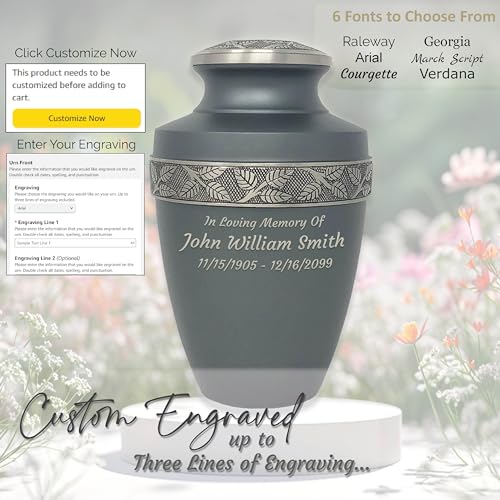 Image of Custom Engraved Revere Rustic Pewter Adult Urn - Momentful Life Metal Adult Cremation Urn - Hand Engraved Accents