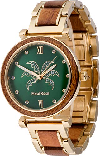 Maui Kool Steel and Wood Hybrid Watch Paia Collection for Women Analog Watch Bamboo Box (P6 - Koa Wood Emerald Face)