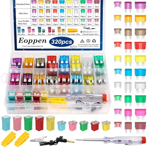 Eoppen 320Pcs Car Fuses Assortment Kit with Fuse Puller and Tester, Standard & Mini & Low Profile Mini Fuses Kit, Low and Tall/STD Profile Box Shaped Automotive Fuses
