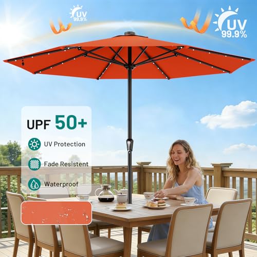 Image of AreShark 11FT Large Patio Umbrella with Solar Lights, Lighted Solar Umbrella with Crank, Outdoor Table Market Umbrellas for Garden, Deck, Backyard, Pool and Beach, Orange
