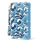 Womens Wallet, RFID Wristlet Wallets for Women, Cute Ladies Clutch Purses, Large Leather Travel Card Holder with Zipper and Phone Holder, Japanese Wave