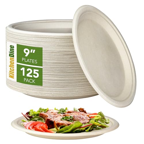 KitchenDine Paquete de 125 platos de papel resistentes de 9 pulgadas, platos de papel 100% compostables, platos biodegradables desechables, platos redondos de color marrón natural, platos grandes