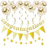 M2YL1DAO Gold congratulations Decorations Set - Gold Glittery congratulations Banner,vintage style pennant，Star and Circle Dots Garland,gold hanging swirls， Gold Confetti Balloons。Graduation , Retirement， Wedding， Birthday， Party photo background for anniversary party decoration