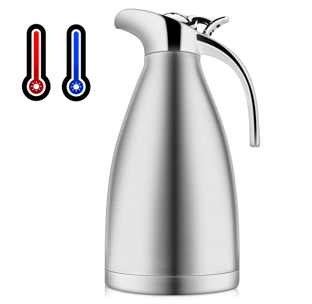 HYTX 71 Oz/ 2.1 Liter Stainless Steel Thermal Coffee Carafe/Double Walled Vacuum Insulated Thermos, 12 Hrs. Heat & Cold Retention Hot Water Pot (Stainless Steel)