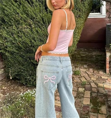 Women Indie Aesthetics Jeans Y2k Bow Trim Zipper Denim Pants Vintage Casual Baggy Jeans Streetwear4