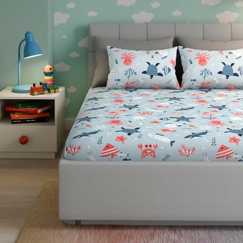 Image of Wakefit Premium Percale Weave 160 TC 100% Cotton Kids Flat Bedsheets with 2 Pillow Cover | Double - 100x90 inch | Animal Printed Soft & Breathable Double Size Bed Sheet | Coral Dive