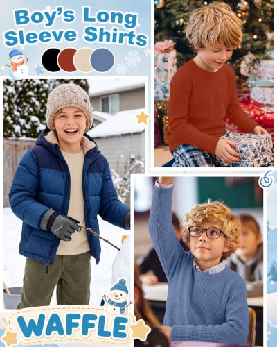 Image of 4 Pack Boys Long Sleeve Waffle Shirts | School Sweaters for Boys, Waffle Knit Thermal Shirts, Crewneck Thermal Casual Tops, Fall, Winter, Kids Clothes for 5-14 Y