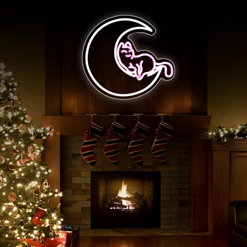 Image of Neon Sign, HSJNJKFU Moon Cat Neon Signs for Wall Decor White Pink LED Cat Signs for Man Cave Room Home Party Birthday Beer Signs - Neon Light USB Powered
