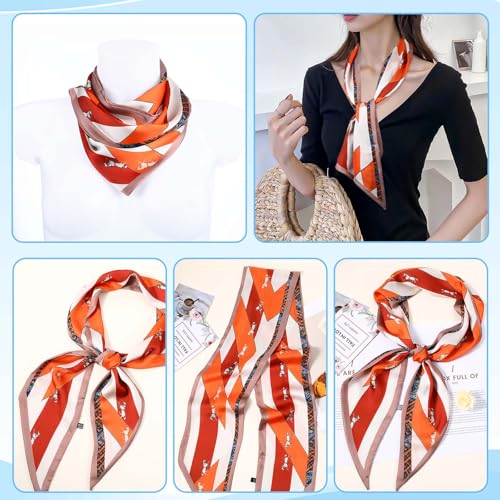Silk Purse Scarf 2 PCS Medium Square Satin Head Scarf for Women Printed Scarves Hair Neck Scarves for Women Purse Bag Scarfs for Handbags Silky Long Thin Satin Headscarf Fashion 59” X 5.9”3