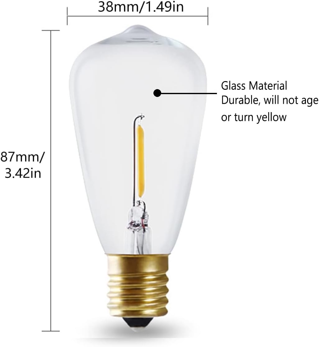Lxcom Lighting 25 Pack LED String Light Bulbs, ST38 Eidison LED Bulbs for String Lights E12 Base Warm White 2700K,0.65 watt Equivalent to 6 Watts Incandescant Bulbs,Glass Material