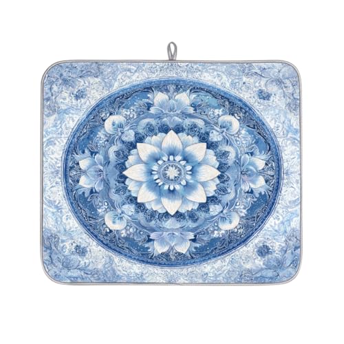Axurera Tapete de secado de platos floral de mandala azul y blanco para encimera de cocina, tapete escurridor de platos absorbente, tapete lavable para escurridores de encimera, 46 x 41 cm