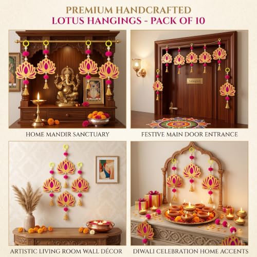 Image of JH Gallery Magenta Bell Lotus for Ganpati Decoration Setup for Home - Handmade Ganesh Chaturthi Backdrop, Pooja Room, Mandir & Main Door Toran (9 Inch, Pack of 10)