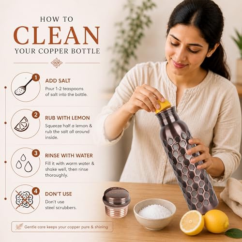 Image of Copper Water Bottle Pure, Copper Drinking Bottle Honeycomb, 32 oz Antique | 100% Pure Copper, Antique Honeycomb Cut Finish, Leak-Proof Cap, Ayurvedic use, Includes Cleaning Brush