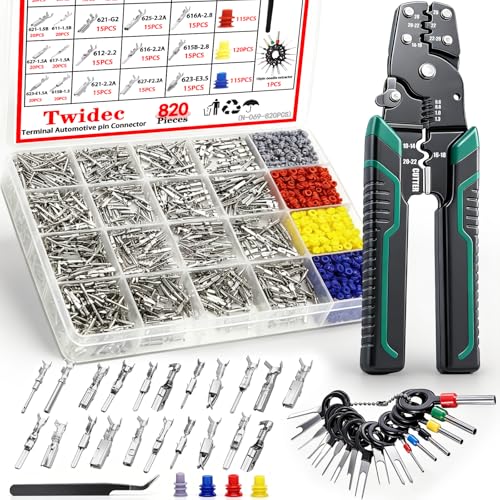 Twidec/820PCS Pin Connector Kit with Crimping Pliers Car Electrical Wire Terminal 21Type 1/1.5/1.8/2.2/2.3/2.8/3.5mm Auto Electric Connector Terminal Non-Insulated Plug Removal Male Female Crimp Pins