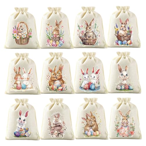 Osterbeutel zum Befüllen 12er Set aus Baumwolle, Ostertüten Klein mit Hasenmotiven, Ostersäckchen für Osternest, Osterkörbchen und Osterverpackungen, 10x14cm Oster-Geschenktüten für Party, Dekoration
