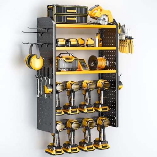KAFAHOM Power Tool Organizer,Large 8 Drill Holder Wall Mount with 2 Side Pegboards,5 Layer Metal Tool Storage Rack with 12 Hooks,Tool Shelf for Garage Organization,Utility Battery Shelves- Yellow