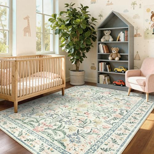 Wonnitar Boho Rug Washable 12.7 x 17.8 cm Soft Rug for Bedroom Ultra Thin Non-Slip Beige Floral Print Decor Rug for Living Room Kids Room Dining Room Office