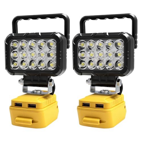 2 Pcs LED Work Light Compatible with Dewalt 20v Battery Cordless Flood Light with USB Charging Port Portable Outdoor Lighting Flashlight Tool Gifts for Men for Emergency Job Site Car Repairing
