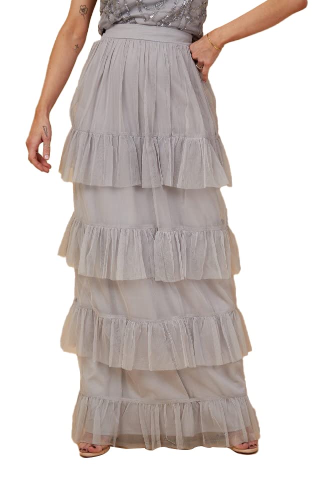 Little Mistress Women's Co-Ord Tiered Frill Maxi Skirt, Size 16 UK, Grey Dress
