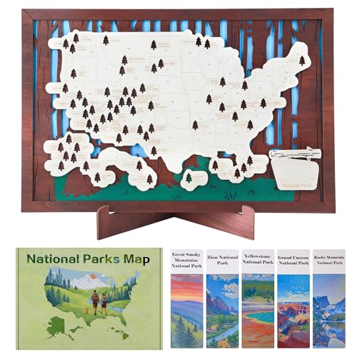 Wooden US National Parks Map Travel Tracker – 3-Layer Framed