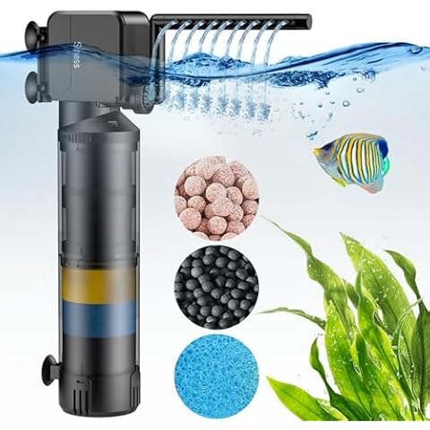 Suness 20W Aquarium Filter: 3-Stage Fish Tank Filters with Aeration, Oxygenation and Rainfall Mode, 320GPH Submersible Aquarium Filter Turtle Tank Filter for 40-180 Gallon Fish Tanks, Flow Adjustable Cover