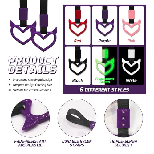 Image of 2 Pcs Devil Heart Shaped Car Handle Strap - Drift Charm Rear Bumper Warning Ring Decor for Car Interior Exterior, Subway Bus Handle Accessory, Cute Heart Car Decor Gift for Drivers (Purple)