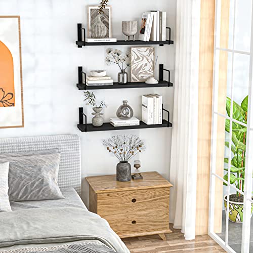 Image of Floating Shelves, 24 Inches Easy to Install Wall Mounted Shelves, Set of 3, Rustic Wood Shelves for Wall Decor, Storage Shelves for Living Room (Black)