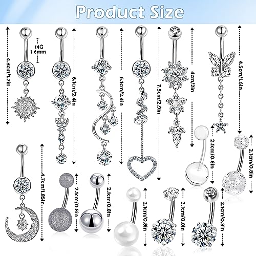 14 PCS Belly Button Rings for Women, 14G Long Dangle Navel Ring Screw Bar Design Body Piercing Jewelry Belly Rings Gifts3