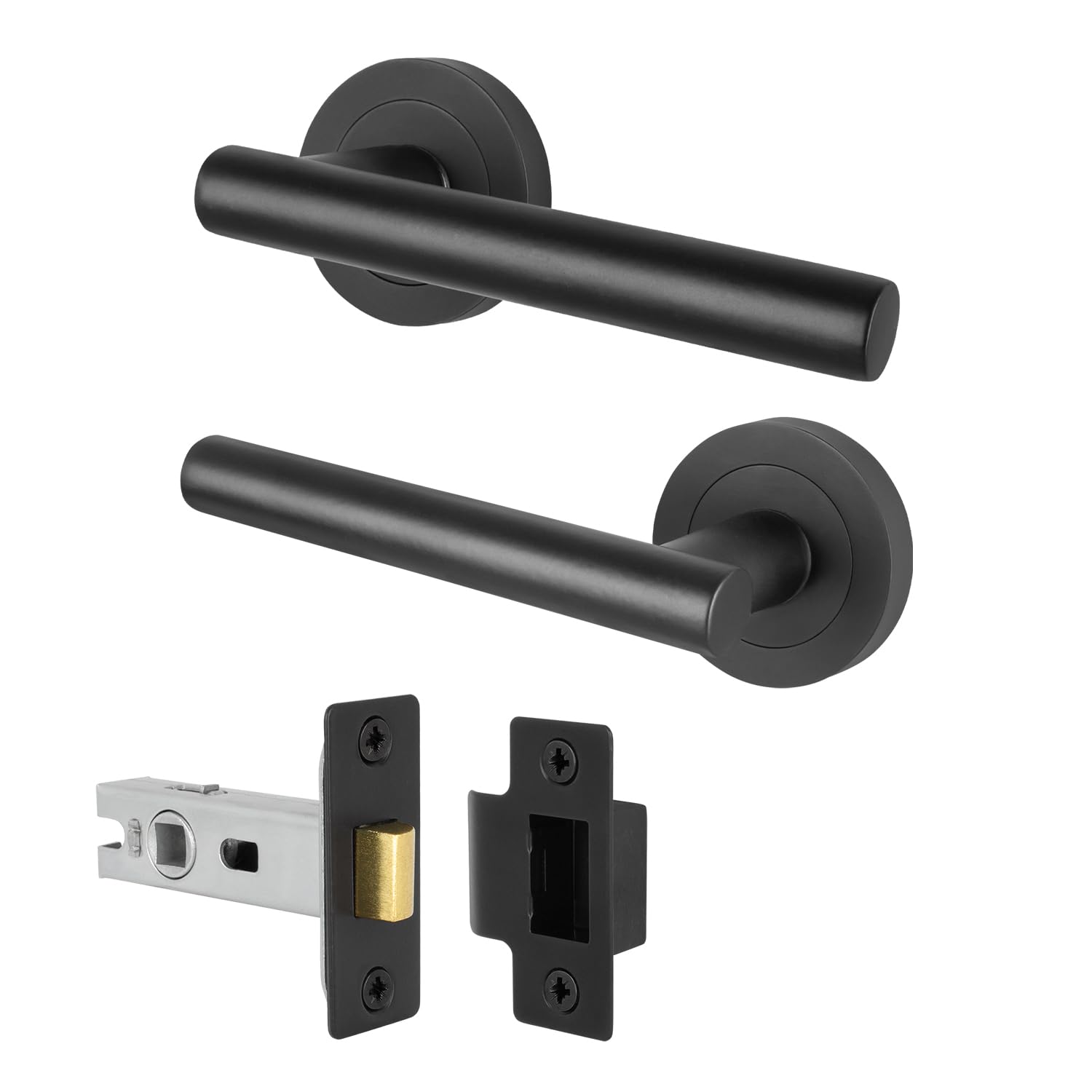 EAI Black Door Handles and Latch Set, 1 Pair of Internal Matt T-Bar Round Rose Handles and Latch 64mm - Oliena Range