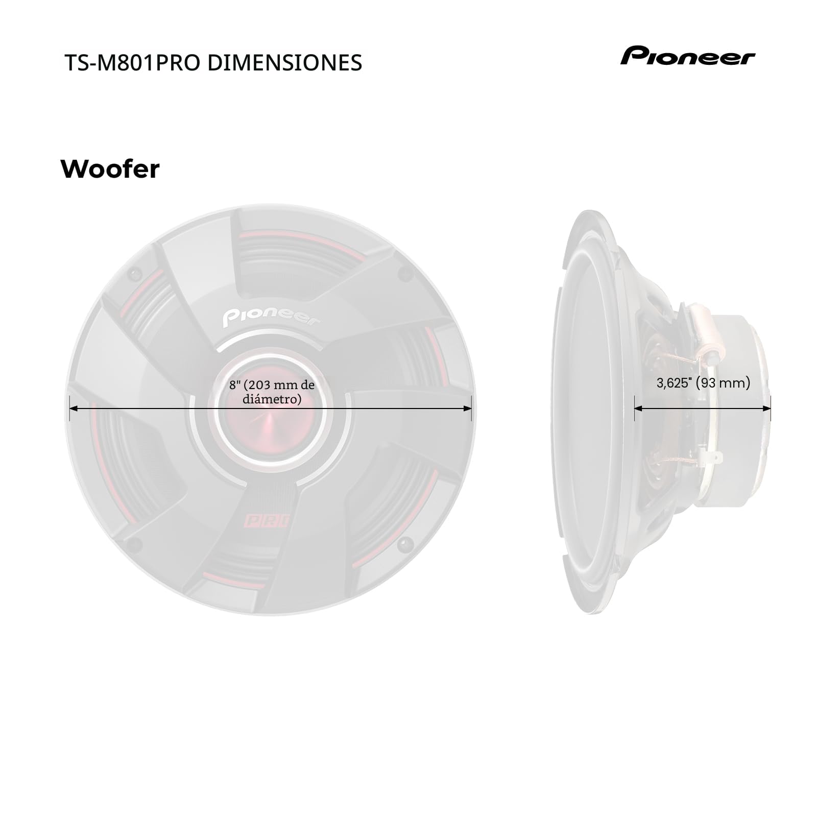 PIONEER TS-M801PRO P.R.O. Series 8 Pulgadas 700 W Potencia máxima, Cono de Pulpa mezclada, Controlador de Graves Medios de Alta eficiencia - Altavoz componente Serie Pro (par) | Perfecto para construcciones de alto nivel SPL y audio de coche de nivel prof