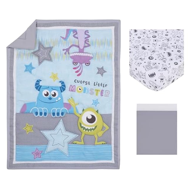 Disney Monsters, Inc. Cutest Little Monster Turquoise, Green, Purple, and Gray, Sully, Mike, and Randall 3 Piece Nursery Crib Bedding Set - Comforter, Fitted Crib Sheet, and Crib Skirt