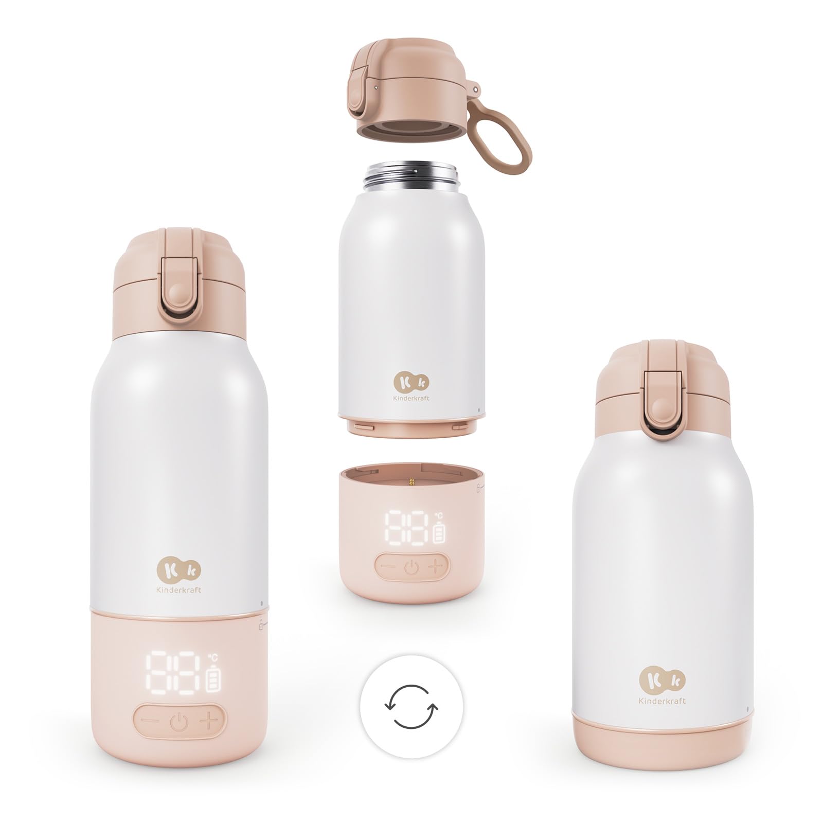 Kinderkraft GAJA Chauffe-Biberon Portable 2 en 1 avec Bouteille Isotherme 500 ml, 5 Températures, Chauffe en 120 sec, Batterie Amovible, USB-C, 10 Cycles, Beige