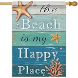 Dyrenson Summer The Beach is My Happy Place 28 x 40 House Flag Double Sided, Blue Coastal Starfish Farmhouse Garden Yard Decorations, Coral Pearl Nautical Rustic Outdoor Decor Decorative Large Flag