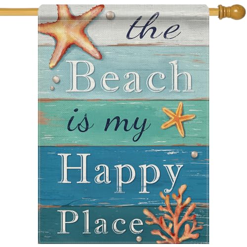 Dyrenson Summer The Beach is My Happy Place 28 x 40 House Flag Double Sided, Blue Coastal Starfish Farmhouse Garden Yard Decorations, Coral Pearl Nautical Rustic Outdoor Decor Decorative Large Flag