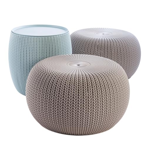 Keter Urban Knit Pouf Ottoman Set of 2 with Storage Table for Patio and Room Décor - Perfect for Balcony, Deck, and Outdoor Seating, Misty Blue & Taupe