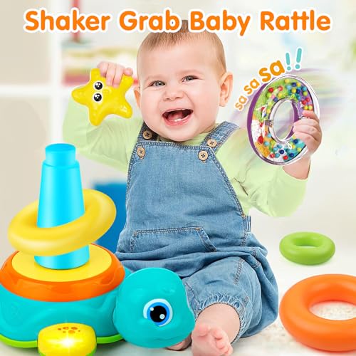 HUIYOKAY Baby Spielzeug ab 6 8 9 12 Monate Schildkröten Babyspielzeug ab 1 Jahr Musikalische Sensorikspielzeug mit Ringen Stapelturm Geschenk Kinderspielzeug ab 1 2 Jahre Junge Mädchen Weihnachten