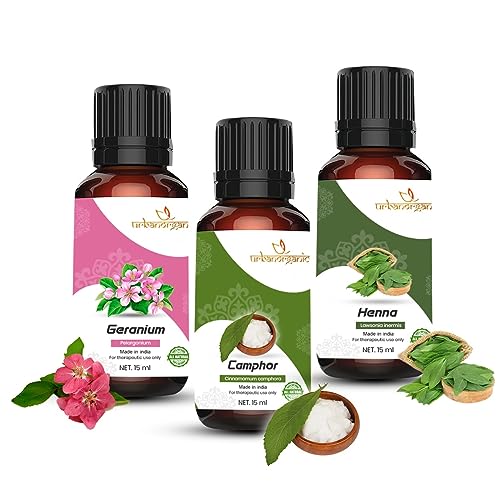 Image of Pure Combo Of 3 Essential oil For Hair & Skin Natural Therapeutic Grade & Undiluted Oil 15ML (Geranium-Camphor-Henna)