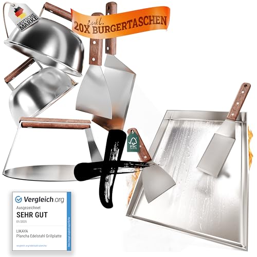 LIKAYA [BUNDLE] Plancha de acero inoxidable sin agujero – 30 x 40 cm + juego para hamburguesas – 4 espátulas para barbacoa, 2 campanas para hamburguesas y smasher con mango de madera – perfecto para