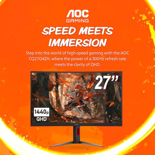 Image of AOC CQ27G4ZH 27 inch Curved Gaming Monitor, QHD 2K 2560x1440, 1500R VA, 300Hz 0.3ms MPRT, HDMI x2, DP x1, Height Adjustable Stand, HDR, 3-Year Zero-Bright-dot