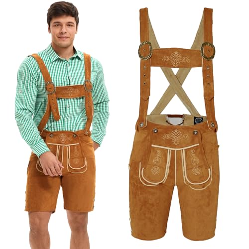 Adisno Kunstsuède korte leren broek mannen Duitse bavarian kostuum mannen Oktoberfest outfit heren verkleedfeest en October Festival, geel-bruin, 48