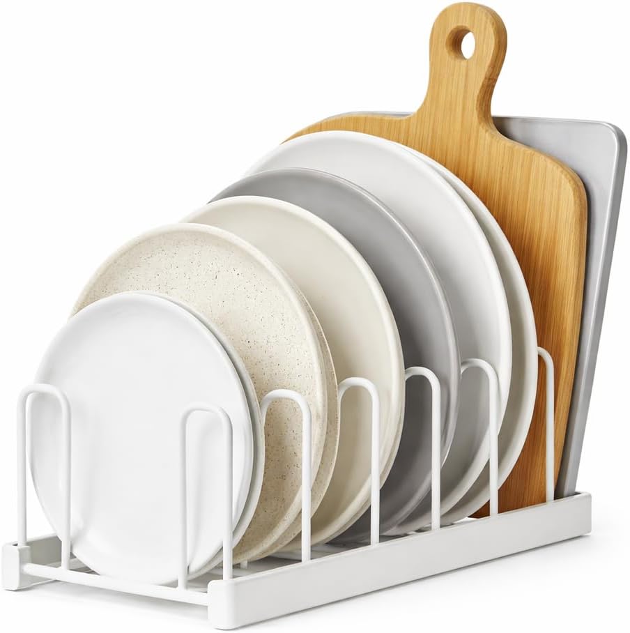 Plate Organizer Rack for Kitchen Cabinet, Dish Storage Rack for Plates, Lids and Cutting Boards, Countertop and Cabinet Dish Organizer for Everyday Kitchen Storage, White