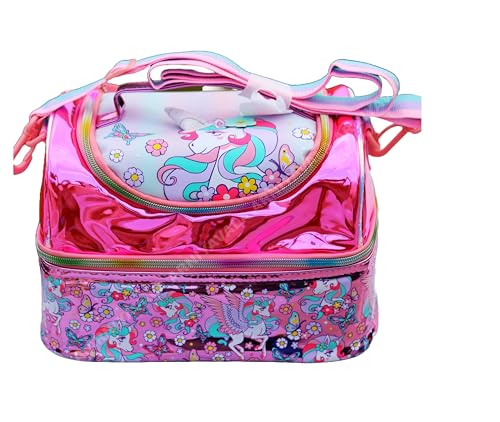 Image of Kids Double Decker Cooler Insulated Lunch Bag Large Tote for Boys, Girls, Men, Women, with Adjustable Strap (Rainbow Unicorn-)