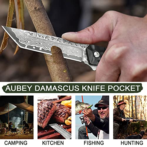 Aubey Damascus Pocket Knife, Tanto Vg10 Core Damascus Steel Folding Knives With Liner Lock, Ball Bearing, Aluminum Alloy Non-Slip Handle And Glass Breaker, Edc Damascus Knife For Men Women (Black) #TOP5