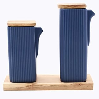 MAGICVOGEL Juego de 2 botellas de vinagre y aceite con tapa y bandeja, 320 ml y 220 ml, dispensador de vinagre para cocina y barbacoa, color azul