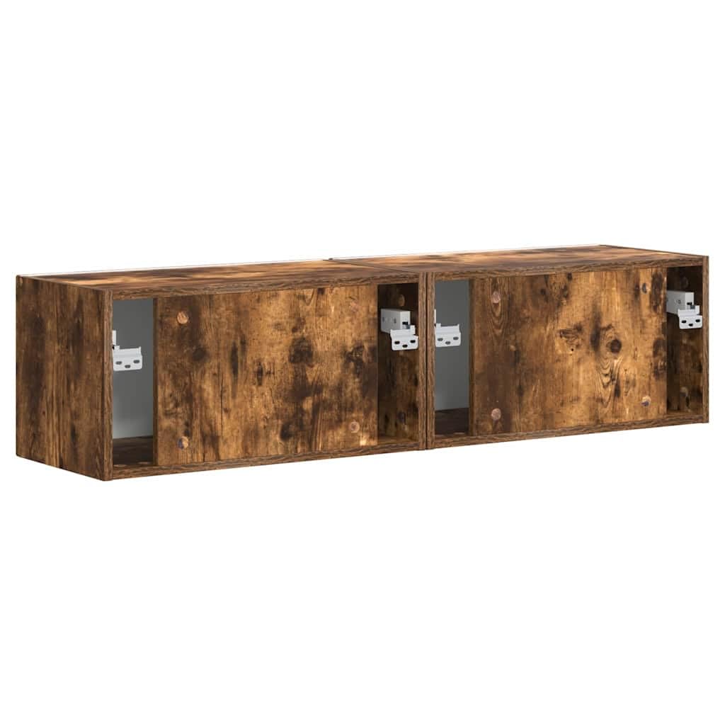 Szafka ścienna pod telewizor zestaw 2 szt., dąb wędzony, 60 x 31 x 29,5 cm, materiał drewnopochodny, regał na media montowany na ścianie, nowoczesne przechowywanie do salonu