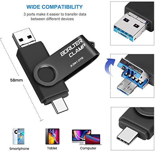 Clé USB 3.0 3 en 1 64 Go Noir avec connecteurs USB C, micro USB et USB A pour PC