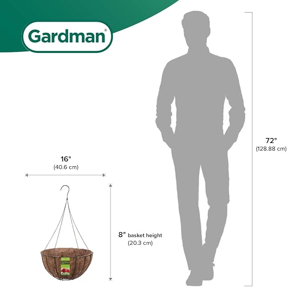 Gardman R422 Black 16 Diameter Wire Grow Basket with: Coco Liner, Plastic Insert, 4-Leg Wire Hanger