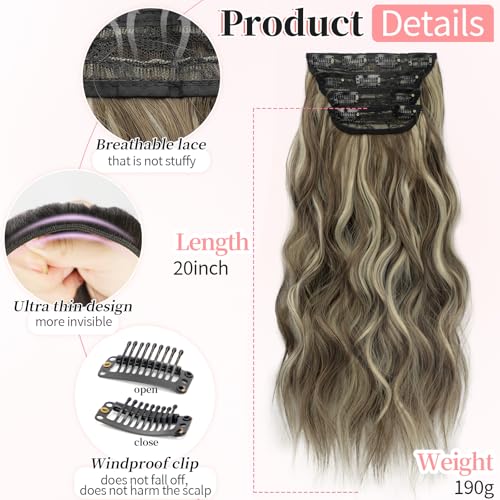 Image of KooKaStyle Wavy Thick Clip in Hair Extensions 20 inch Medium Brown Ash Blonde | 4 Pieces Clip in Extensions,Fiber Double Weft Hairpieces,Natural Volume,Highlight Wave Long Synthetic Hairpieces for Women